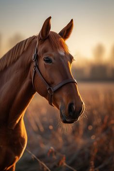 a brown horse standing on top of a dry grass covered field next to tall grass