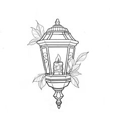 a black and white drawing of a candle on a lamp post with leaves around it