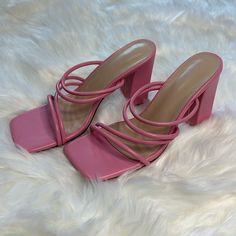 Pink Strappy Square Toe Sandal Heels | Block Heel, Size 6.5/37, Heel Height: 4”, Never Worn Pink Mules With 4-inch Heel For Spring, Pink Open Heel Block Heels For Summer, Summer Pink Open Heel Block Heels, Pink Block Heel Mules For Party, Pink Open Toe Mules With 4-inch Heel, Summer Heels With 4-inch Square Toe, Pink Stacked Heel Summer Heels, Pink Summer Heels With Stacked Heel, Trendy Open Heel Pink Block Heels