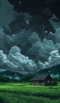 a house in the middle of a field under a cloudy sky with storm clouds above it