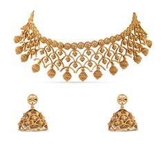 PRICES MAY VARY. MATERIAL: Kumud jewelry set with Geometric filigree Design is made out of Brass with high quality Gold-Plating. FEATURE: This traditional jewelry set includes 1 pair jhumka earrings and 1 necklace, length (Choker- 18 cm, Earrings- 4 cm) and weight (Choker- 51 gm, Earrings- 20 gm). The necklaces comes with Fishhook closure and has adjustable length. GIFTING: This necklace set arrives in unique and stylish packaging, making it a wonderful gift for your girlfriend, daughter, friend Real Gold Sets Jewelry Indian Design, Antique Choker Designs Gold, Gold Sets Jewelry Indian Design, Gold Choker Necklace Indian, Unique Necklace Designs, Chokers Gold, South Indian Necklace, Gold Set Design, Indian Gold Jewellery