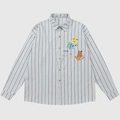 Material: 50% CottonFeatures: Shirts, lapel, long sleeve, funny bear embroidered design, relaxed fit, soft and breathable, unisex, couple outfits.Style: Casual, college Stripe Shirts, Costume Bags, Funny Bears, Couple Outfits, Embroidered Design, Bra Set, Handbag Backpack, Striped Shirt, New Dress