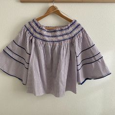 Off Shoulder Blouse With Blue/Pink Stripe Detail; Excellent Condition; Never Worn. Spring Striped Relaxed Fit Blouse, Purple Short Sleeve Top For Brunch, Feminine Striped Blouse For Spring, Spring Daywear Striped Tops, Striped Tops For Spring Daywear, Spring Striped Tops For Daywear, Spring Purple Tops For Daywear, Striped Cotton Tops For Brunch, Cotton Striped Tops For Brunch