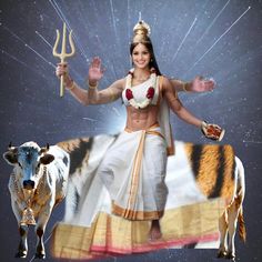 a woman standing in front of a cow