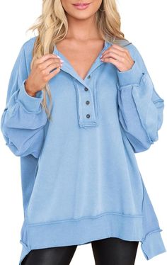 AlvaQ Women's Oversized Sweatshirt Casual Long Sleeve Button Henley Neck Pullover Tunic Tops Outfits - fall jackets Tunic Tops Outfit, Oversize Sleeves, Oversize Casual, Tunic Sweatshirt, Tunic Styles, Loose Sweater, Belleza Natural, Oversized Sweatshirt, Pullover Sweatshirts