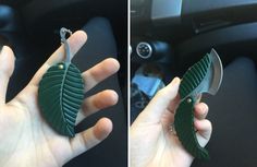 two pictures of a person holding a green object in their hand and another photo of the inside of a car