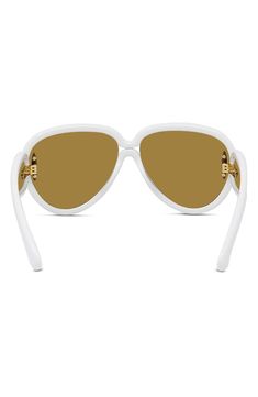 Looping golden logos adorn the tapered temples of sleek Italian-made pilot sunglasses shaped in a mask-inspired silhouette. 65mm lens width; 14mm bridge width; 145mm temple length 100% UV protection Injected plastic Made in Italy Elegant White Shield Sunglasses With Polarized Lenses, Elegant White Shield Sunglasses With Tinted Lenses, Classic White Shield Sunglasses With Tinted Lenses, Classic White Shield Sunglasses With Polarized Lenses, Classic White Shield Sunglasses With Uv Protection, Classic White Shield Sunglasses With Uva Protection, Elegant White Aviator Sunglasses With Tinted Lenses, Classic White Shield Sunglasses With Anti-reflective Coating, Classic White Aviator Sunglasses With Gradient Lenses