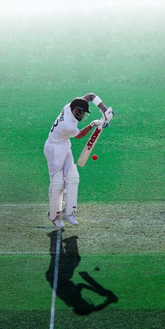 a man standing on top of a green field holding a cricket bat