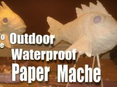 two stuffed birds sitting next to each other on top of a wooden table with the words how to outdoor waterproof paper mache