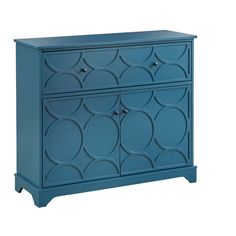 a blue cabinet with circles painted on the front and bottom, sitting against a white background