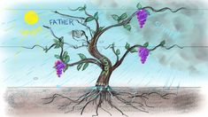 a drawing of a tree with purple grapes growing out of it's roots in the rain