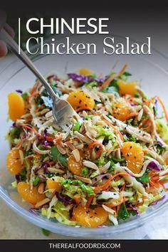 chinese chicken salad with oranges and broccoli in a glass bowl