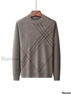 Russoo - Mens Fall/Winter Casual Knitted Sweater: Versatile, Warm, Crew Neck Pullover with Slight Stretch Beige Knit Sweatshirt For Winter, Winter Jacquard Knit Beige Sweater, Gray Jacquard Knit Crew Neck Sweater, Winter Brown Knit Sweatshirt, Gray Jacquard Knit Long Sleeve Sweater, Brown Knit Sweatshirt For Winter, Gray Jacquard Knit Winter Sweater, Winter Gray Sweater With Textured Knit, Gray Jacquard Knit Sweater For Winter