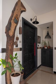 an entry way with potted plants on the floor and a door in the background