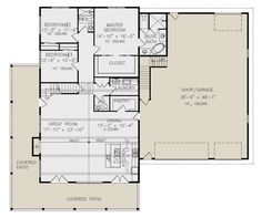 the first floor plan for a home with two master suites and an attached living area