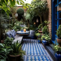 a blue and white tiled patio with potted plants on either side, surrounded by greenery