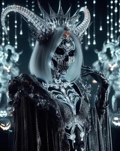 a woman with long white hair and black makeup wearing a skeleton headdress in front of crystal chandeliers