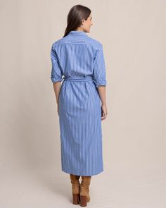 Level up your look with the Farren shirt dress. This 100% cotton midi dress boasts an eye-catching striped design with a removable waist belt that enhances your silhouette. The sleeves can be folded up for an easygoing feel, and there are side slits for added interest and versatility. Bonus points—built-in pockets! Style: 11124 Striped Belted Dresses For Daywear, Striped Midi Shirt Dress For Work, Blue Midi Dress With Belted Cuffs, Cotton Midi Dress With Belted Cuffs, Blue Vertical Stripes Dress For Daywear, Cotton Belted Shirt Dress Midi Length, Blue Belted Midi Dress For Daywear, Blue Cotton Belted Shirt Dress, Blue Belted Cotton Midi Dress