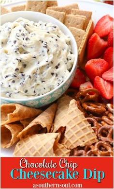 chocolate chip cheesecake dip in a bowl with crackers and strawberries on the side