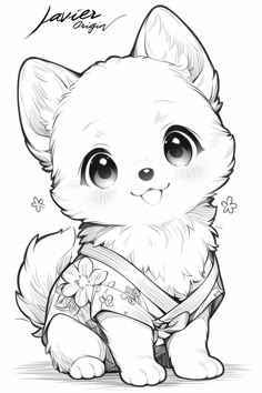 a drawing of a small dog with big eyes and a harness around it's neck