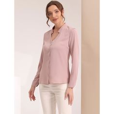 This shirt is elegant and charming for workwear or a day-to-night look, with a cut-out v-neck and unique shoulder details. No-see-through chiffon fabric and stylish v-neck make it a perfect choice for work, office, and daily wear. Pair this work office shirt with a pencil skirt, work pants, or casual jeans. The return of a classic, this button-up shirt is cut from in a chiffon sateen in an always flattering fit-and-flare silhouette. Model Body Size: Height: 5'9", Chest: 33 inches, Waist: 24 inch Feminine Solid Color Formal Tops, Feminine V-neck Top With Button Closure, Feminine V-neck Tops With Button Closure, Solid Button-up Tops For Workwear, Chic Notched Neckline Tops For Office, Chic Office Tops With Notched Neckline, Pink V-neck Top For Formal Occasions, Solid Office Lady Tops With Button Closure, Elegant V-neck Shirt With Back Button Closure