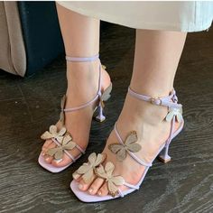 Butterfly Purple High Heeled Sandals. Color: Light Purple Size: 36 Purple Dress Shoes, Shoes Butterfly, Purple High Heels, Spring Shoes Women, High Heeled Sandals, Female Shoes, Square Toe Sandals, Stylish Sandals, Stiletto Sandals