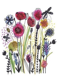 an image of flowers and dragonflies in watercolor