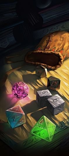 some dices are laying on the floor next to a pillow and bag with a light coming from it