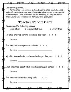 a teacher report card with the words and numbers