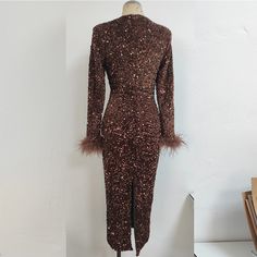 Our Style No.KLYF608Bead PieceMade in China Fall Club Sequin Dress With Long Sleeves, Elegant Winter Sequin Dress For Club, Elegant Sequin Dress For Club In Winter, Embellished Club Dress For Fall, Brown Evening Dresses For Winter, Winter Cocktail Sequin Dress, Elegant Attire, Long Bodycon Dress, Long Sleeve Sequin