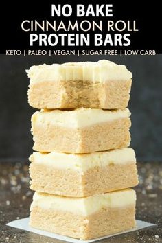 no bake cinnamon roll protein bars stacked on top of each other with text overlay