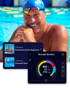 an older man wearing swimming goggles next to a swimming pool with water temperature gauges