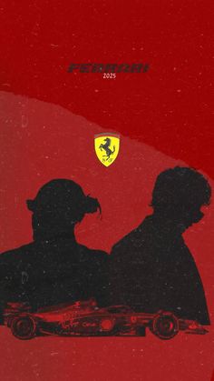 the silhouettes of two people in front of a red background with a ferrari logo