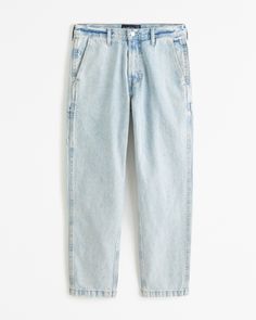 Our on-trend loose jeans that are relaxed and loose-fitting through the hip and thigh in our 100% cotton no-stretch fabric and broken-in denim feel. Features a light wash, painter-style utility details and a clean hem. Painter Style, Men's Bottoms, Mens Straight Jeans, Loose Jeans, Mens Bottom, Straight Jeans, Abercrombie Fitch, Canvas Fabric, Mens Pants