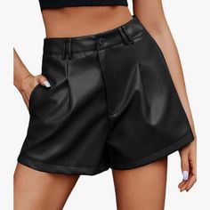 Care Instructions Machine Wash Closure Type Zipper About This Item Stylish And Trendy: These Faux Leather Shorts Are Designed To Keep You On Top Of The Fashion Game. Features Zip Fly And Hook Closure, Side Pockets, Pleating At Top And Angled Hemline Adds An Edgy Touch To Any Outfit, Making You Look Effortlessly Stylish. High Waisted Design: The High Waist Design Accentuates Your Waistline, Creating An Hourglass Figure And Giving You A Confident And Feminine Look. It Also Provides A Comfortable A Trendy High Waist Faux Leather Shorts, Trendy High-waist Faux Leather Shorts, Casual Solid Color Shorts For Party, Black Workwear Shorts For Fall, Casual High Waist Faux Leather Bottoms, Fitted Faux Leather Shorts For Workwear, Casual Faux Leather Bottoms For Summer, Summer Casual Faux Leather Bottoms, Casual Party Shorts For Fall