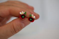 A delicate pair of red poppy and white daisy earrings!  Every petal is handmade and was assembled to a flower first and then to delicate flower composition.  * Flowers are handmade from polymer clay. * Real color can be slightly different from monitor to monitor due to the settings of each monitor. * In making my work I do not use molds, which are hand-molded. Flower size appoximate 1.5 cm Note! The earrings are made to order. The design may be a little different from that of the earrings in the Red Handmade Flower Earrings, Red Flower Earrings For Wedding, Red Jewelry With 3d Flower Details, Handmade Flower-shaped Red Earrings, Red Flower-shaped Earrings With Handmade Flowers, Red Birth Flower Earrings For Gift, Handmade Flower-shaped Earrings For Anniversary, Handmade Flower Shaped Earrings For Anniversary, Red Flower-shaped Earrings For Anniversary