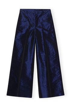 Sodalite Blue Blue Shiny Taffeta Wide High-waisted Pants | GANNI US Harriet The Spy, Club Clothes, Double Belt, Icon Shoes, Wide Trousers, City Night, Trainer Heels, Business Wear, Denim Maxi Skirt