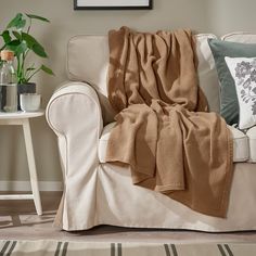 a couch with a blanket on top of it next to a table and potted plant