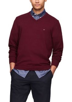 Amp up your style with this sweater from Tommy Hilfiger. Wear it on its own for a casual look or layer it over a collared shirt for a more elevated look. | Tommy Hilfiger Men's Essential V-Neck Sweater, X-Large Mens Essentials, Collared Shirt, Tommy Hilfiger Man, Casual Look, V Neck Sweater, Wear It, Vneck Sweater, Neck Sweater, Sweater Outfits