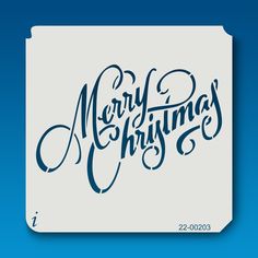 a merry christmas card with the words merry and handwritten in blue on a white background