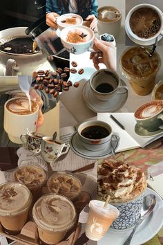 there are many different pictures with coffees and desserts on the table in this collage