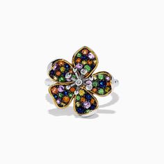 Effy Splash Sterling Silver Diamond and Mulit Sapphires Flower Ring Flower-shaped Multi-stone Ring For Anniversary, Multicolor Flower Ring As A Gift, Elegant Multicolor Flower Ring For Anniversary, Multicolor Flower Ring For Gift, Multicolor Flower-shaped Wedding Rings, Multicolor Flower-shaped Anniversary Rings, Fine Jewelry Flower-shaped Multi-stone Rings, Elegant Multicolor Flower-shaped Rings, Yellow Gold Flower-shaped Rings With Multi-stone