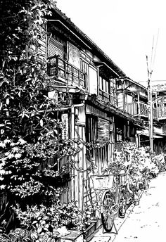 a black and white drawing of an old house with bicycles parked in front of it