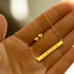 This personalized custom name bar necklace is one of our best selling necklace. Great for birthday, friendship, mother's day and bridesmaids gift. Bar size: Width 30mm x Height 4mm Adjustable chain: 15-17in (38-43cm) Laser Engraving Gold Vermeil Spring clasp closure Hypoallergenic, lead and nickel free #254G Minimalist Customizable Name Necklace For Valentine's Day, Minimalist Personalized Name Necklace For Valentine's Day, Valentine's Day Minimalist Personalized Name Necklace, Minimalist Name Necklace For Valentine's Day Gift, Minimalist Nameplate Necklace For Valentine's Day, Personalized Bar Necklace For Anniversary, Valentine's Day Minimalist Nameplate Necklace, Minimalist Name Necklace Gift For Mom, Minimalist Nameplate Jewelry As A Gift For Mom