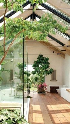 the inside of a house with wood flooring and glass walls on one side, trees in the other