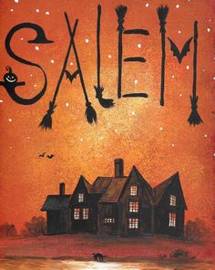 an orange background with the words salem written in black on it, and a painting of a house