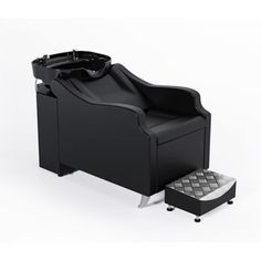 This professional shampoo chair and bowl is a complete hair washing station, ideal for hair salons and barber shops. The backwash barber chair is equipped with a deep, stationary bowl featuring a rubber neck rest to make the hair washing process more enjoyable for customer. The additional ottoman creating a more relaxing environment for clients. | Inbox Zero Faux Leather Massage Chair Faux Leather / Water Resistant in Black / Gray | 33.6 H x 27.6 W x 53.1 D in | Wayfair Shampoo Bowl Ideas Salon, Hair Wash Station, Wood Reception, Wood Reception Desk, Washing Station, Dynamic Wallpaper, Office Supply Storage, Relaxing Environment, Shampoo Chair