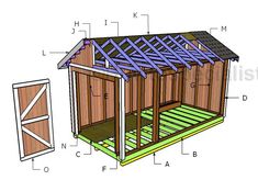 a shed with measurements for the roof and side walls