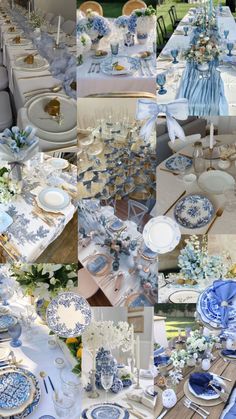 a collage of blue and white dishes, plates, napkins and flowers