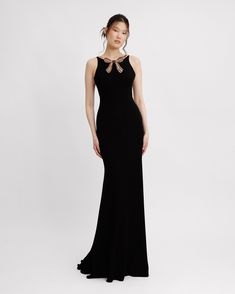 Gemy Maalouf | Evening Dresses | Slim-cut Dress With Beaded Bow Evening Dress With Keyhole Back For Prom, Evening Dresses With Keyhole Back For Prom, Elegant Keyhole Back Dress For Gala, Evening Dress With Bow Tie Back, Elegant Gala Dress With Bow, Elegant Formal Evening Dress With Keyhole Back, Evening Floor-length Dresses With Bow Tie Back, Glamorous Evening Dresses With Bow Tie Back, Glamorous Evening Dress With Keyhole Back